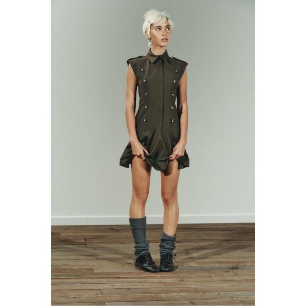 Military Double Breasted Mini Dress Shoulder Pads Olive Structured Zara NWT M